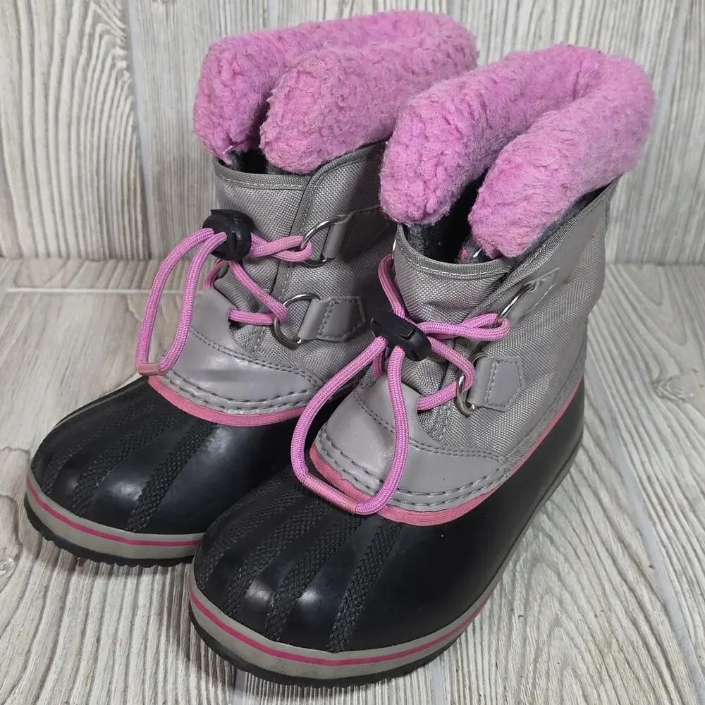 Sorel Yoot Pac Nylon Chrome Grey and Orchid Waterproof Winter Boots Kids Size 13